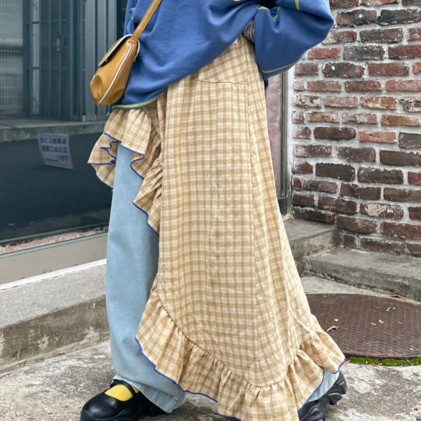 CIAOPANIC 【HELLO.SANFRANCISCO】 繽紛格紋：不對稱立體荷葉邊長裙