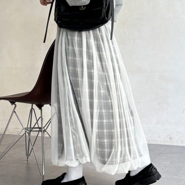 CPCM 輕盈透紗格紋氣球長裙