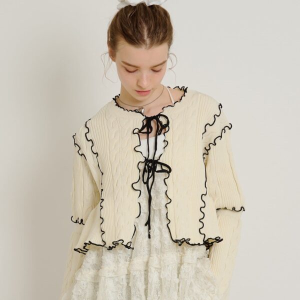 w closet 配色鎖邊海綿感麻花針織開胸衫