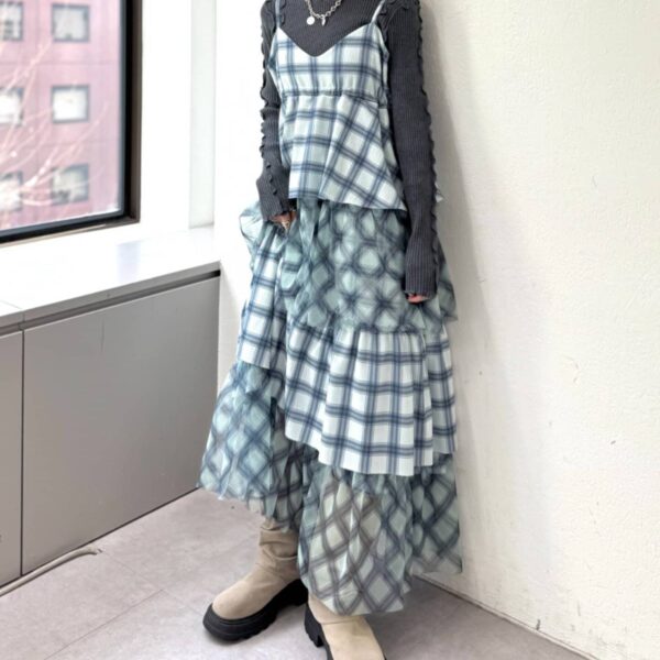 w closet 格紋楊柳層次吊帶連身裙