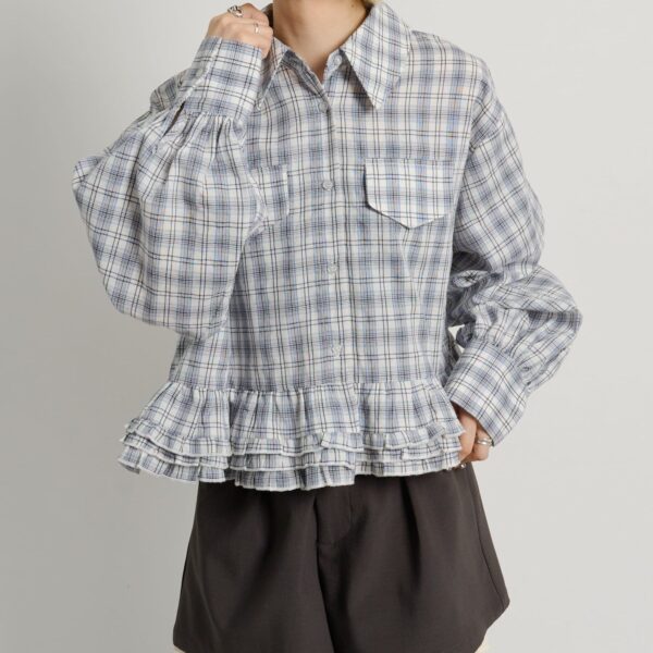 w closet 下擺荷葉邊格子襯衫