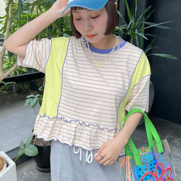 CIAOPANIC 【HELLO.SANFRANCISCO】精緻刺繡拼色捲邊橫紋Tee