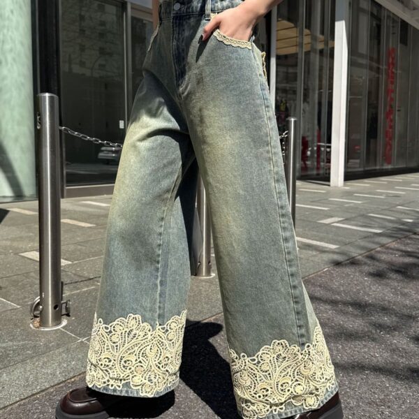 CIAOPANIC 蕾絲拼接寬版牛仔褲