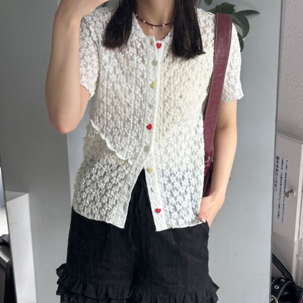 CIAOPANIC 心形鈕扣蕾絲鏤空POLO衫