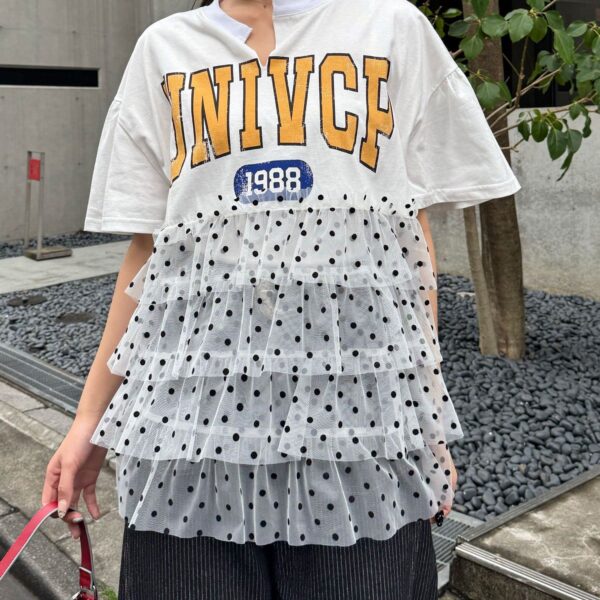 CIAOPANIC 波點網紗拼接美式校園Tee