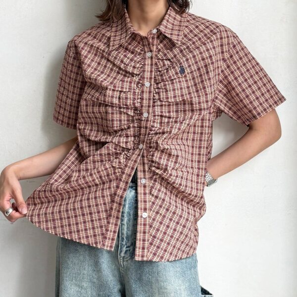 CPCM 【U.S. POLO ASSN.】格紋立體打褶刺繡短袖襯衫上衣